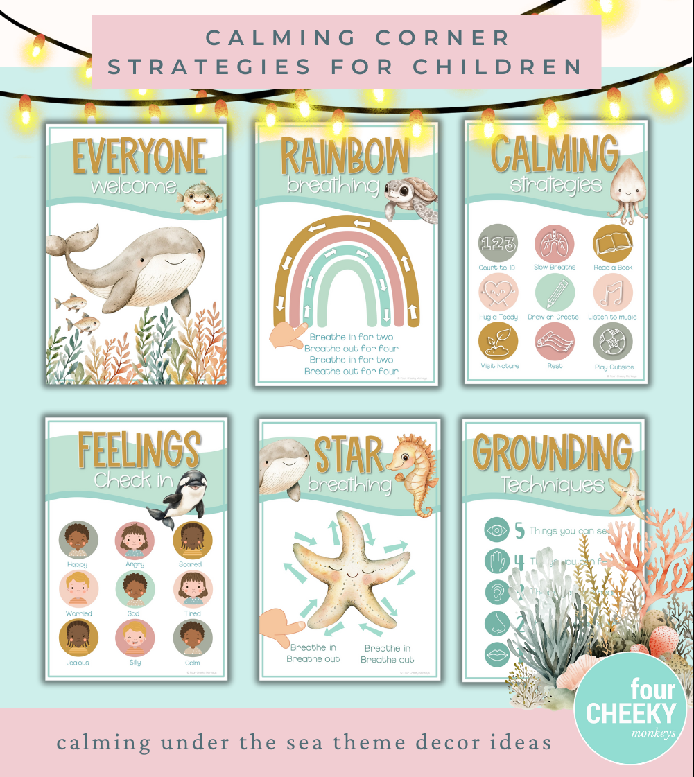 Ocean theme calming corner posters for classroom or playroom. Ideas for SEL and emotional regulation.