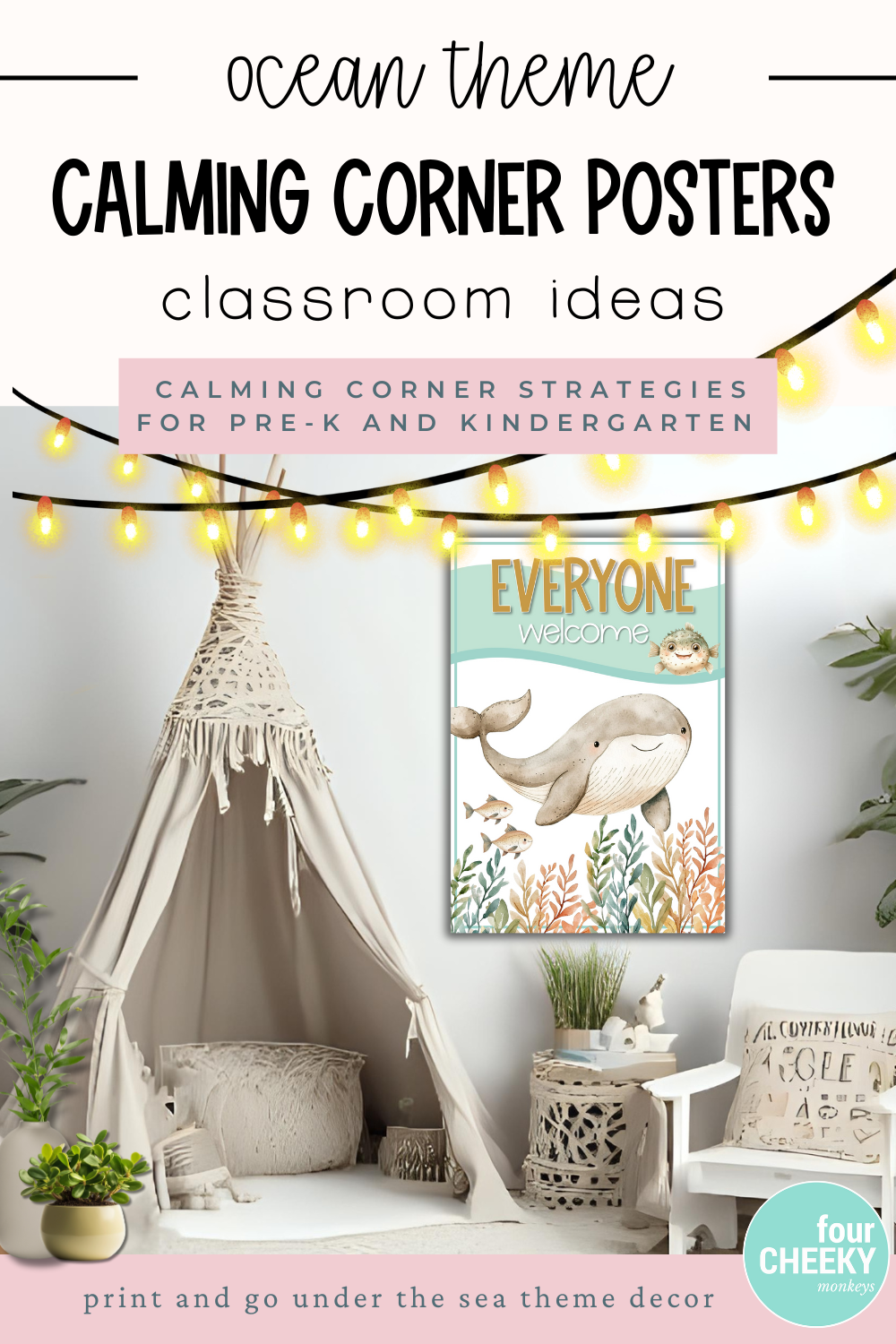 Ocean theme calming corner posters for classroom or playroom. Features whale and under the sea illustrations with pastel colors, promoting mindfulness, calm, and emotional regulation for children.
