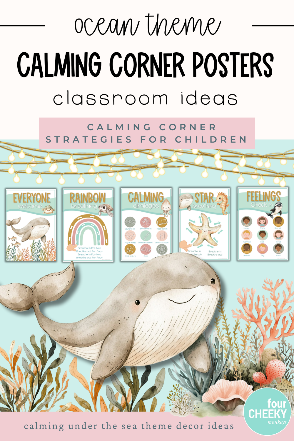 Ocean theme calming corner posters displayed in a classroom setting with whale and under-the-sea design, used to help children practise mindfulness and manage emotions.