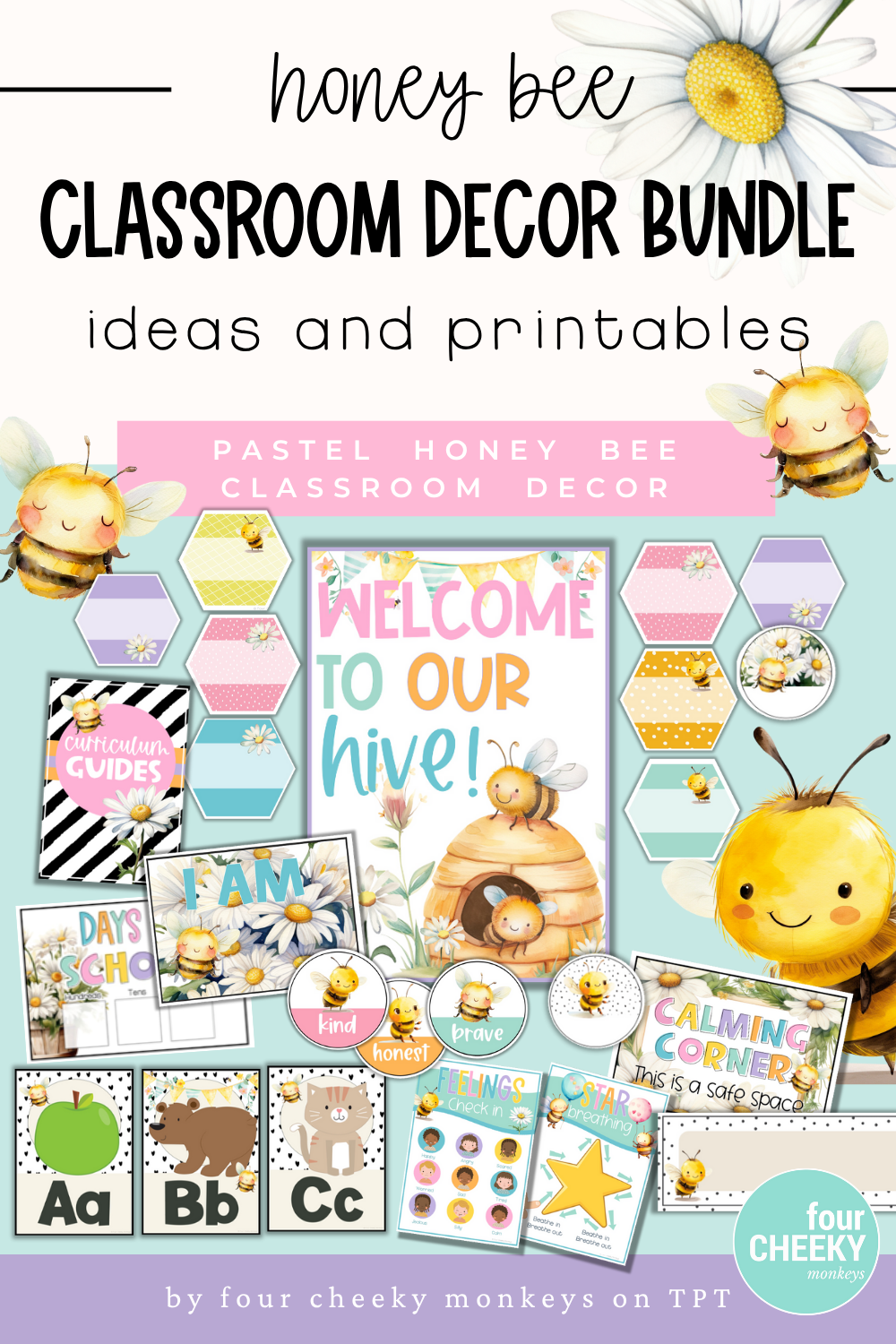 pastel honey bee themed classroom decor bundle ideas and printables
