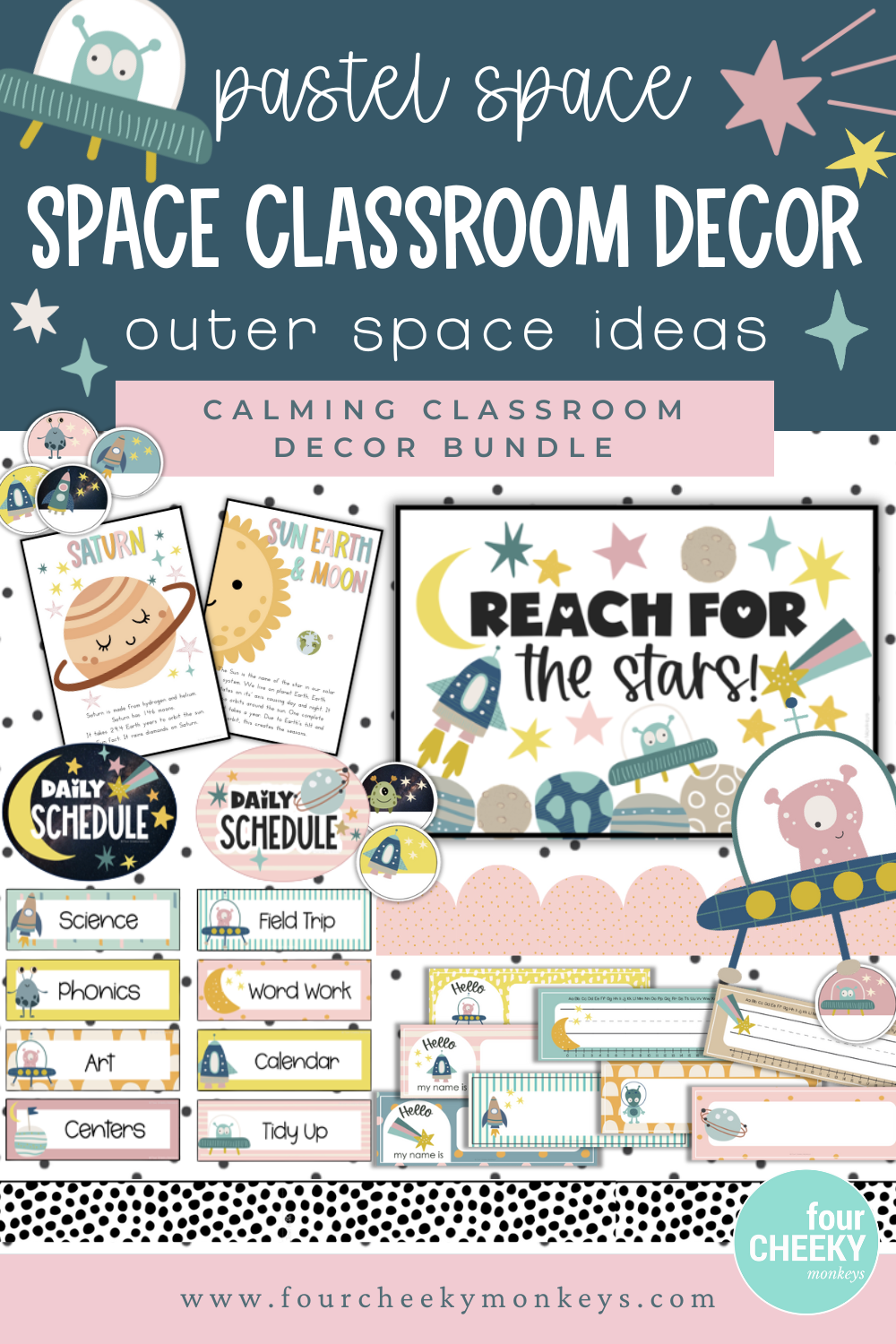 Pastel space classroom decor bundle for kindergarten and preschool featuring calming posters, daily schedule cards, and galaxy-themed labels. Gender-neutral classroom decoration ideas by Four Cheeky Monkeys.