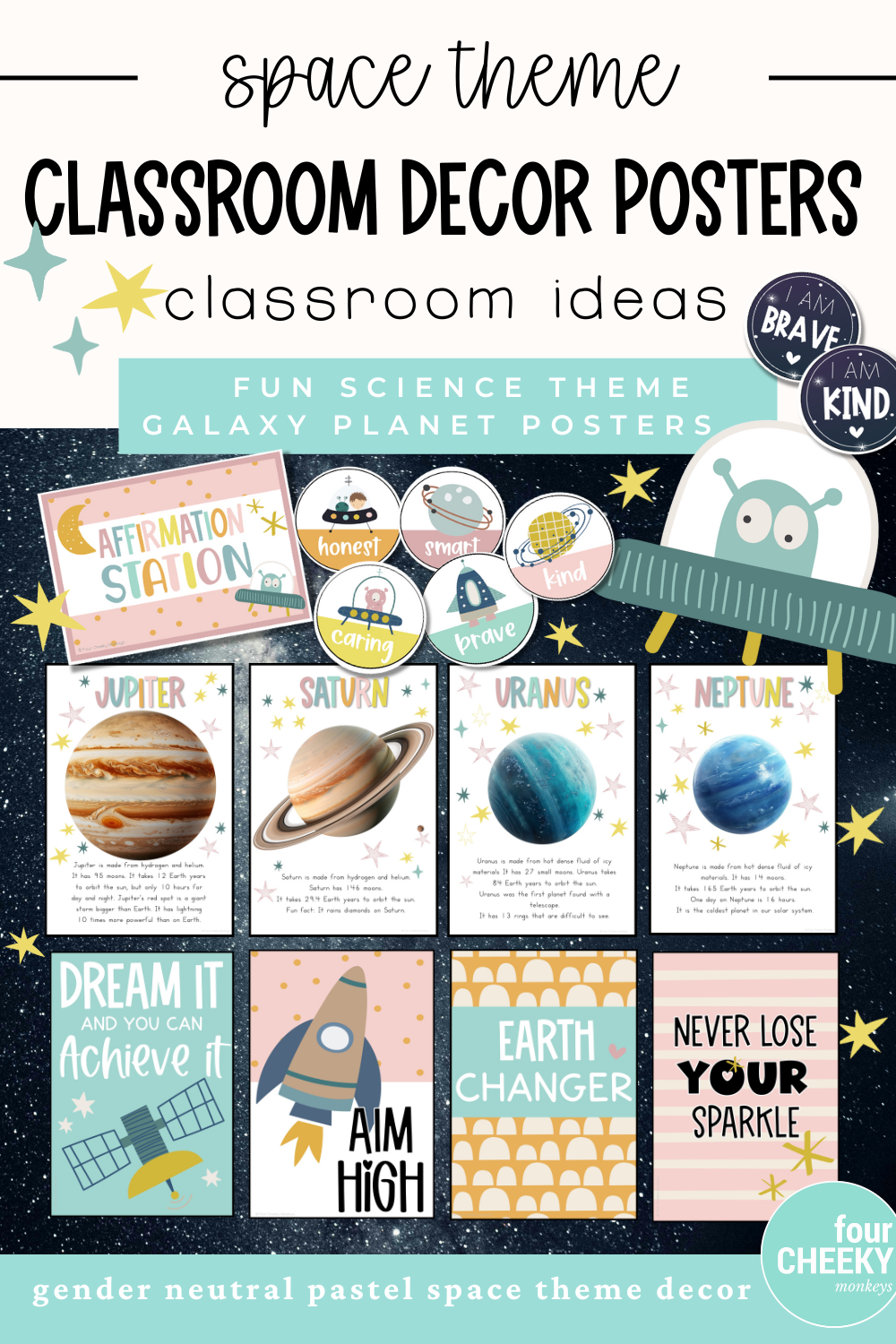 Pastel space classroom decor bundle for kindergarten and preschool featuring calming posters, daily schedule cards, and galaxy-themed labels. Gender-neutral classroom decoration ideas by Four Cheeky Monkeys.