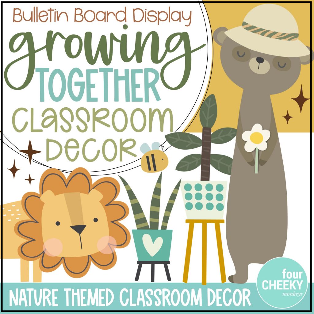 Nature themed classroom decor bulletin board display featuring woodland animals, plants, calming neutral colours, and jungle inspired classroom decor for preschool and kindergarten classrooms.