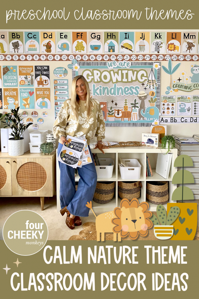 Calm nature themed classroom decor bundle setup with jungle animals, plants, calming corner posters, alphabet displays, and neutral preschool classroom decorations.
