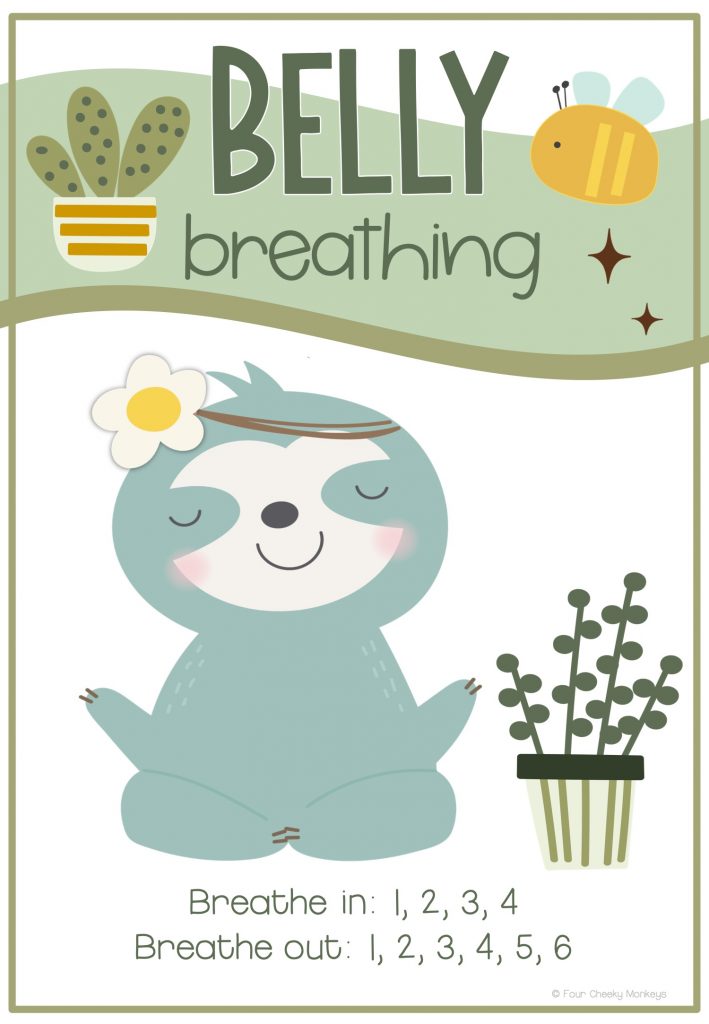 Printable belly breathing calming corner strategy poster featuring a peaceful sloth, soft neutral colours, nature inspired classroom decor, and mindfulness breathing prompts for preschool and kindergarten calming corners.