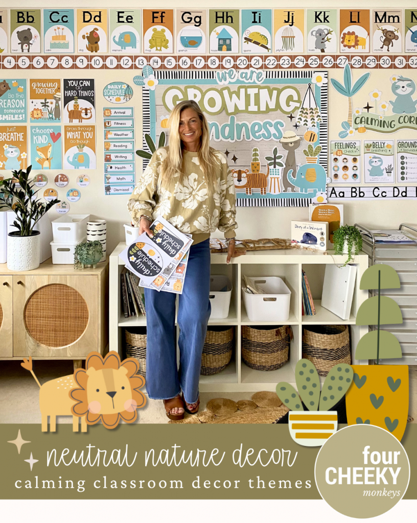 Neutral nature themed classroom decor ideas for preschool kindergarten elementary setup with calming classroom decorations, jungle animals, plant life nature decor themes.