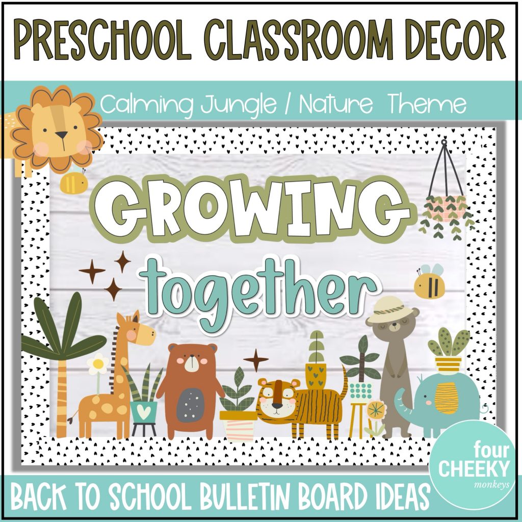 Preschool classroom decor bulletin board ideas featuring jungle animals, plants, neutral classroom decor colours, and a calming nature themed back to school display.
