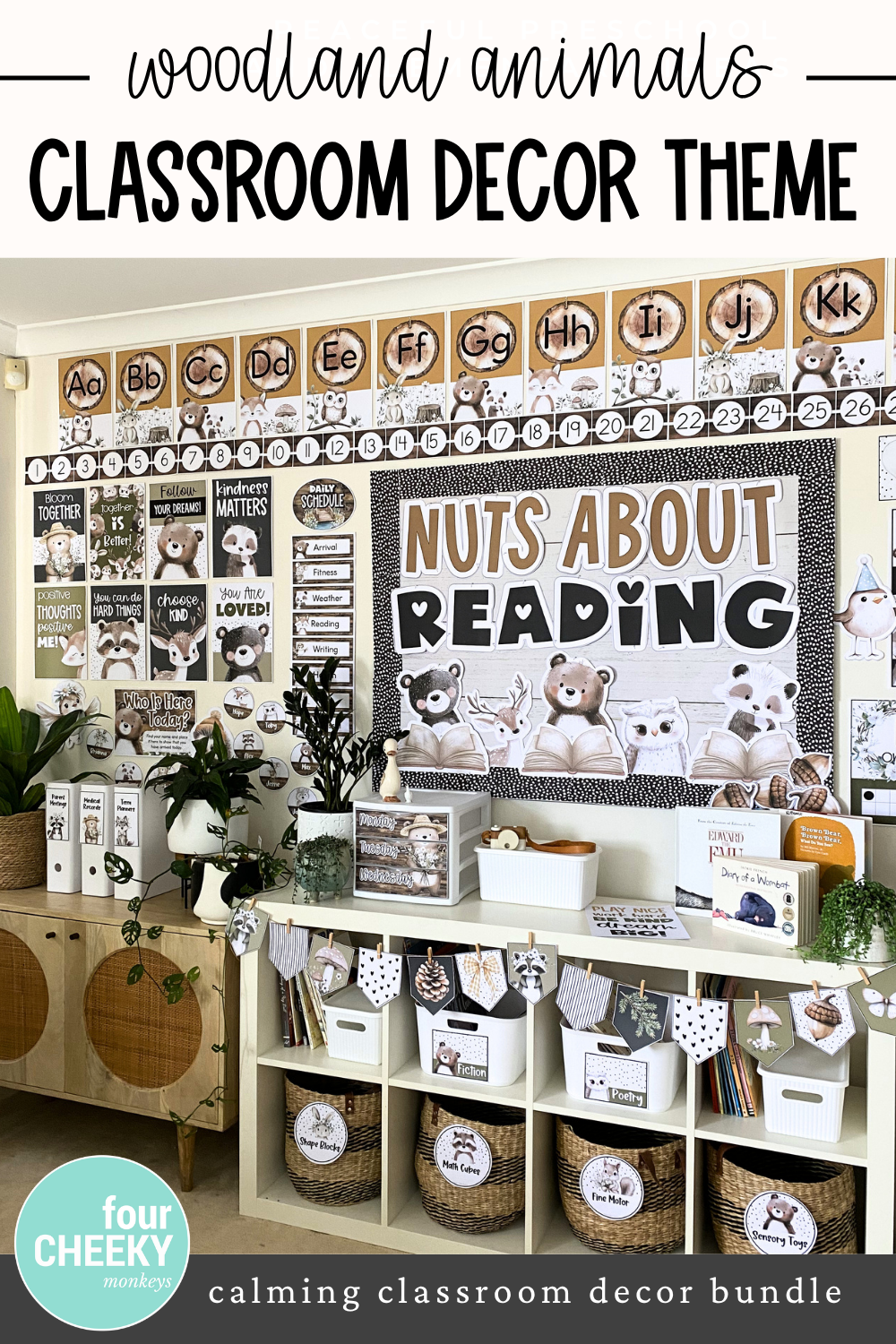 Woodland classroom setup ideas showing printable classroom decor, bulletin board, and classroom organisation for a calm kindergarten preschool and elementary classroom