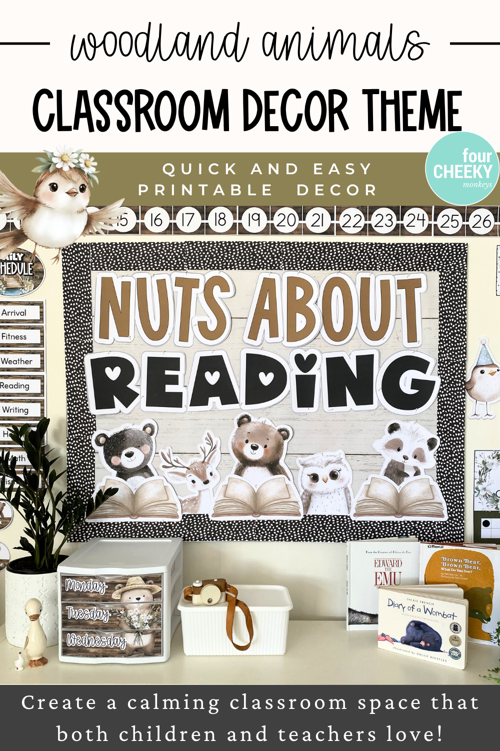 Woodland classroom setup ideas showing printable classroom decor, bulletin board, and classroom organisation for a calm kindergarten classroom