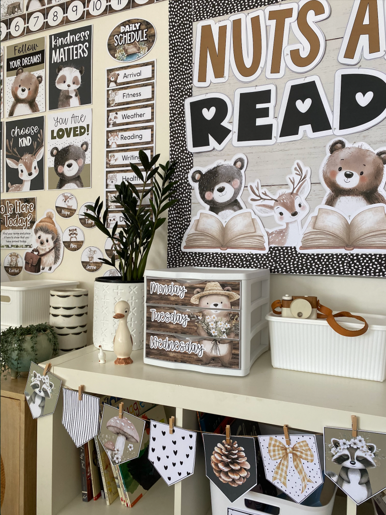 Woodland classroom setup ideas showing printable classroom decor, bulletin board, and classroom organisation for a calm kindergarten classroom