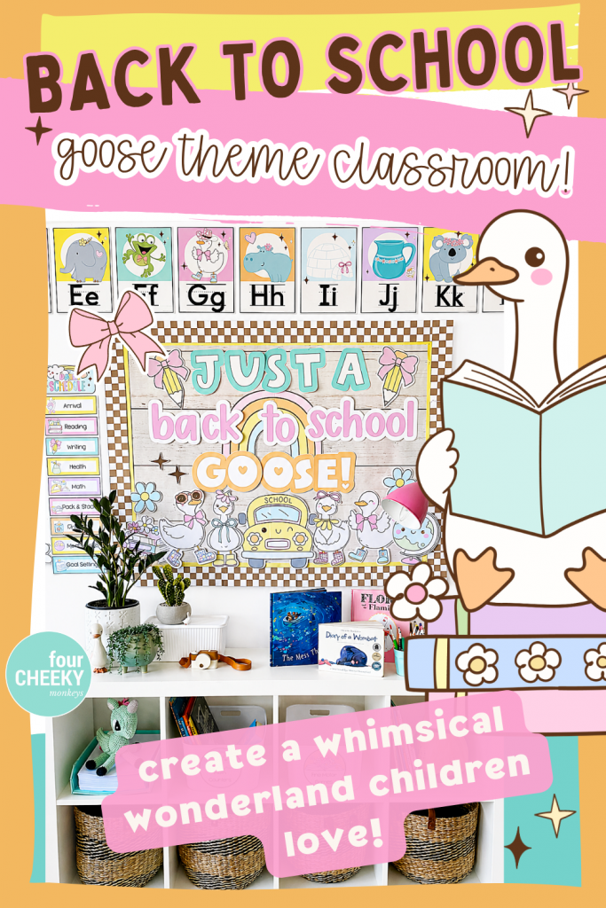 Whimsical pastel silly goose theme classroom decor bundle display for preschool and elementary school teachers.