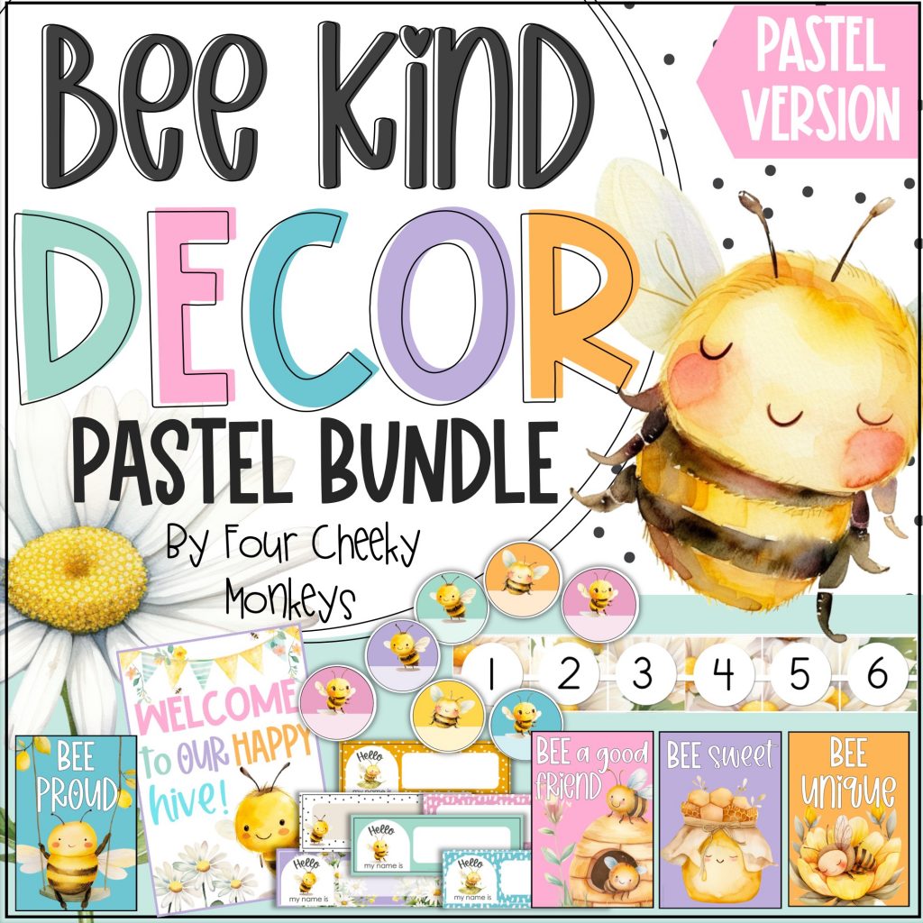 Whimsical pastel bee themed classroom decor bundle featuring cheerful honeybee characters for elementary teachers.