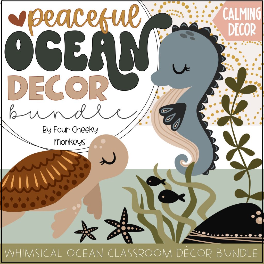 Whimsical peaceful ocean classroom decor bundle featuring seahorses and whales for preschool and elementary teachers.