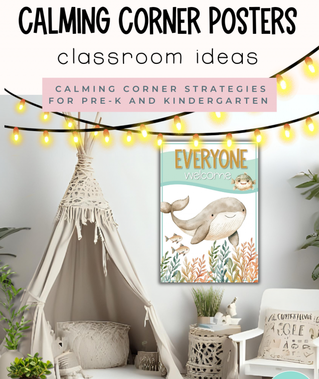 Ocean theme calming corner posters for classroom or playroom. Features whale and under the sea illustrations with pastel colors, promoting mindfulness, calm, and emotional regulation for children.