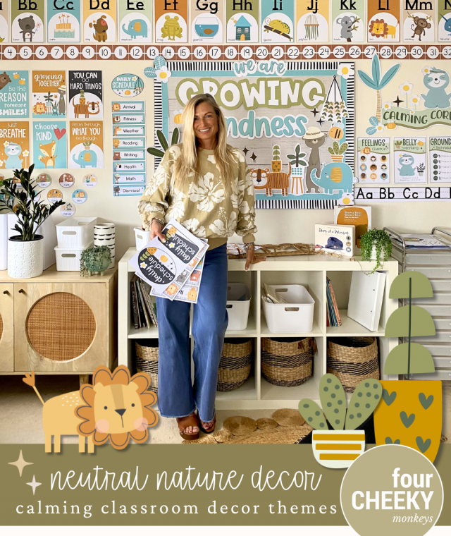 Neutral nature themed classroom decor ideas for preschool kindergarten elementary setup with calming classroom decorations, jungle animals, plant life nature decor themes.