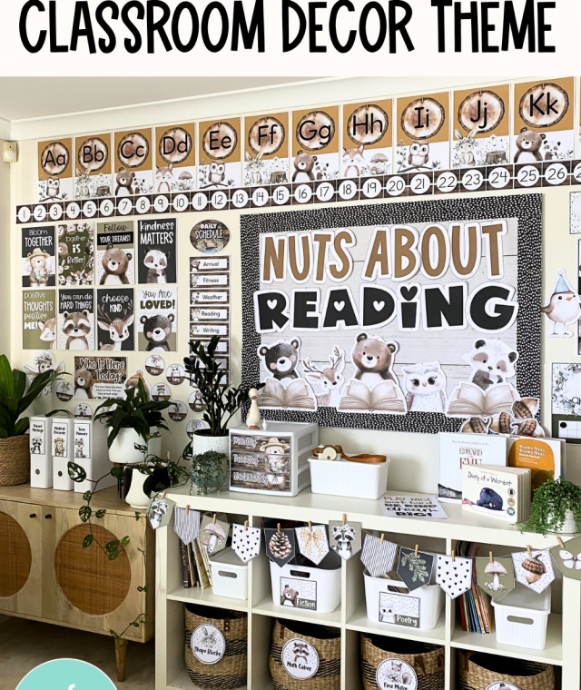 Woodland classroom setup ideas showing printable classroom decor, bulletin board, and classroom organisation for a calm kindergarten preschool and elementary classroom